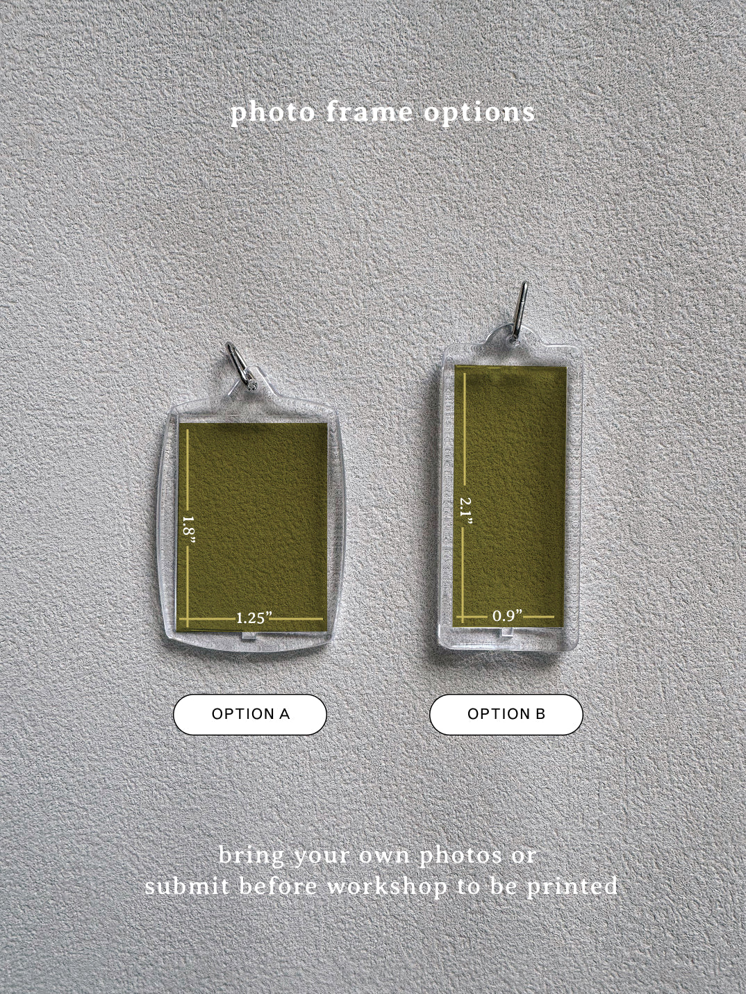 Two photo frame options on a gray background with measurements and text.