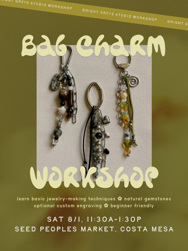 Poster about a bag charm event on August 1 in Costa Mesa with photos of 3 bag charms