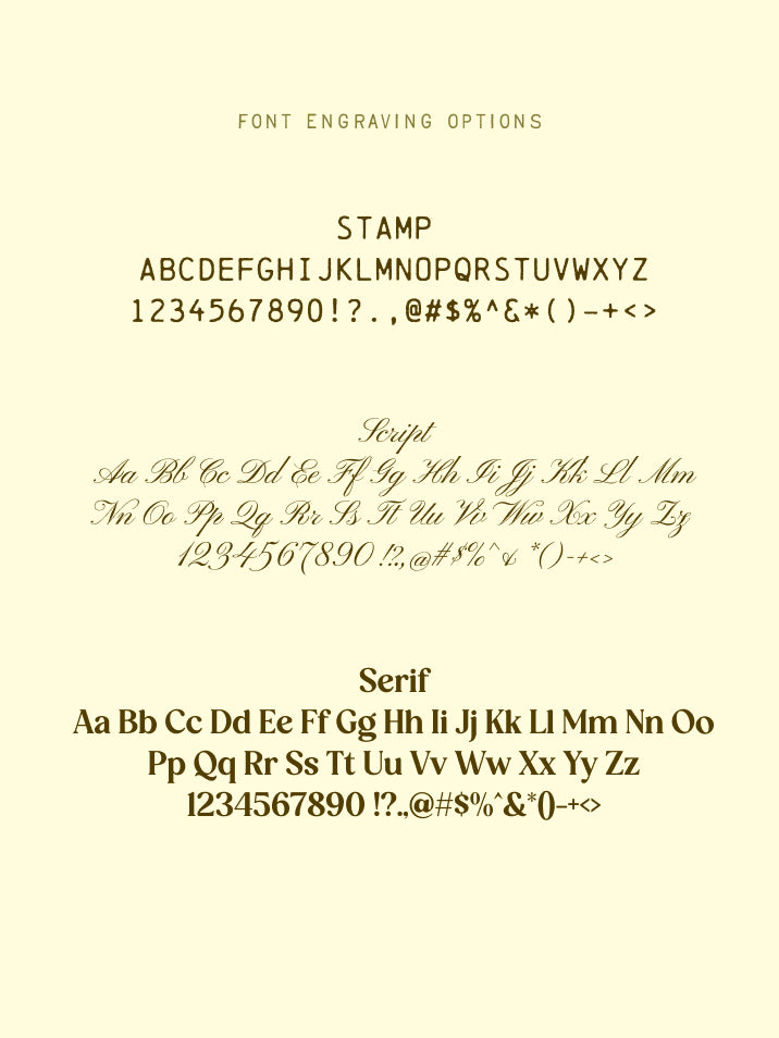 A digital preview of a font engraving options chart showing serif, script, and stamp lettering styles on a pale cream background.