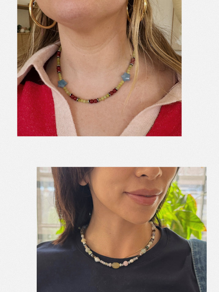 Two views of a necklace with colorful beads worn by a person.